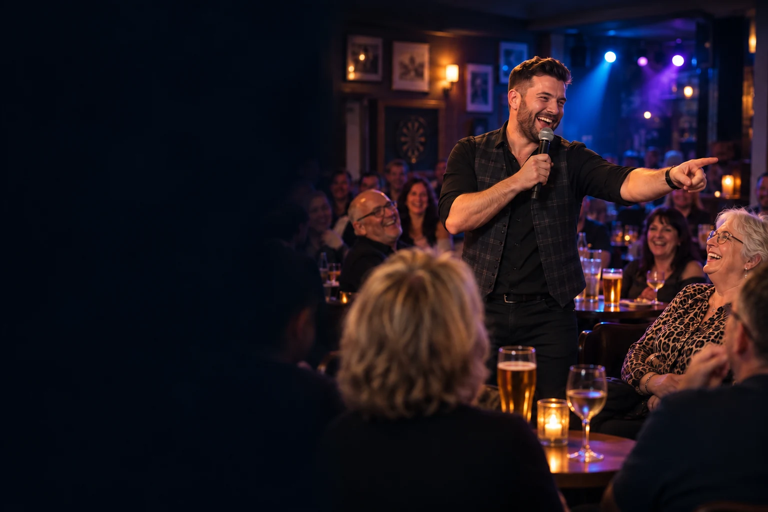 Illustration of a lively hosted night, with a smiling host and guests